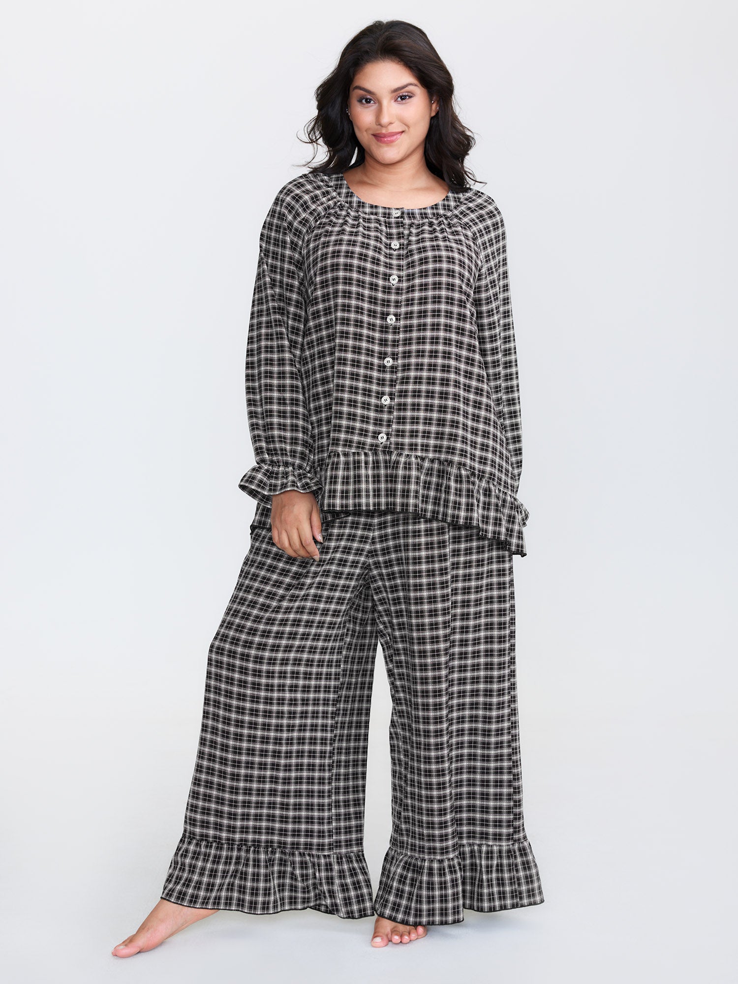 Gingham Ruffled Hem Loungewear Set