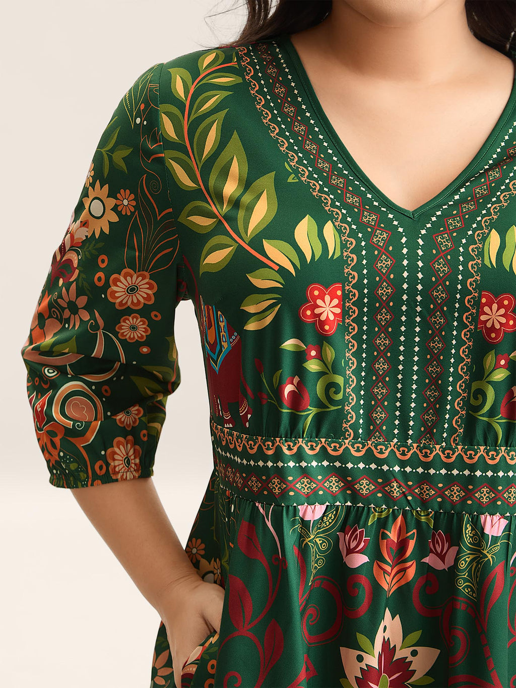 Boho Print V-Neck Pockets Midi Dress