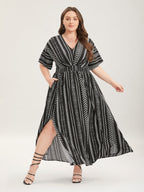 Solid Geometric Dolman Sleeve Pocket Shirred Split Hem Dress