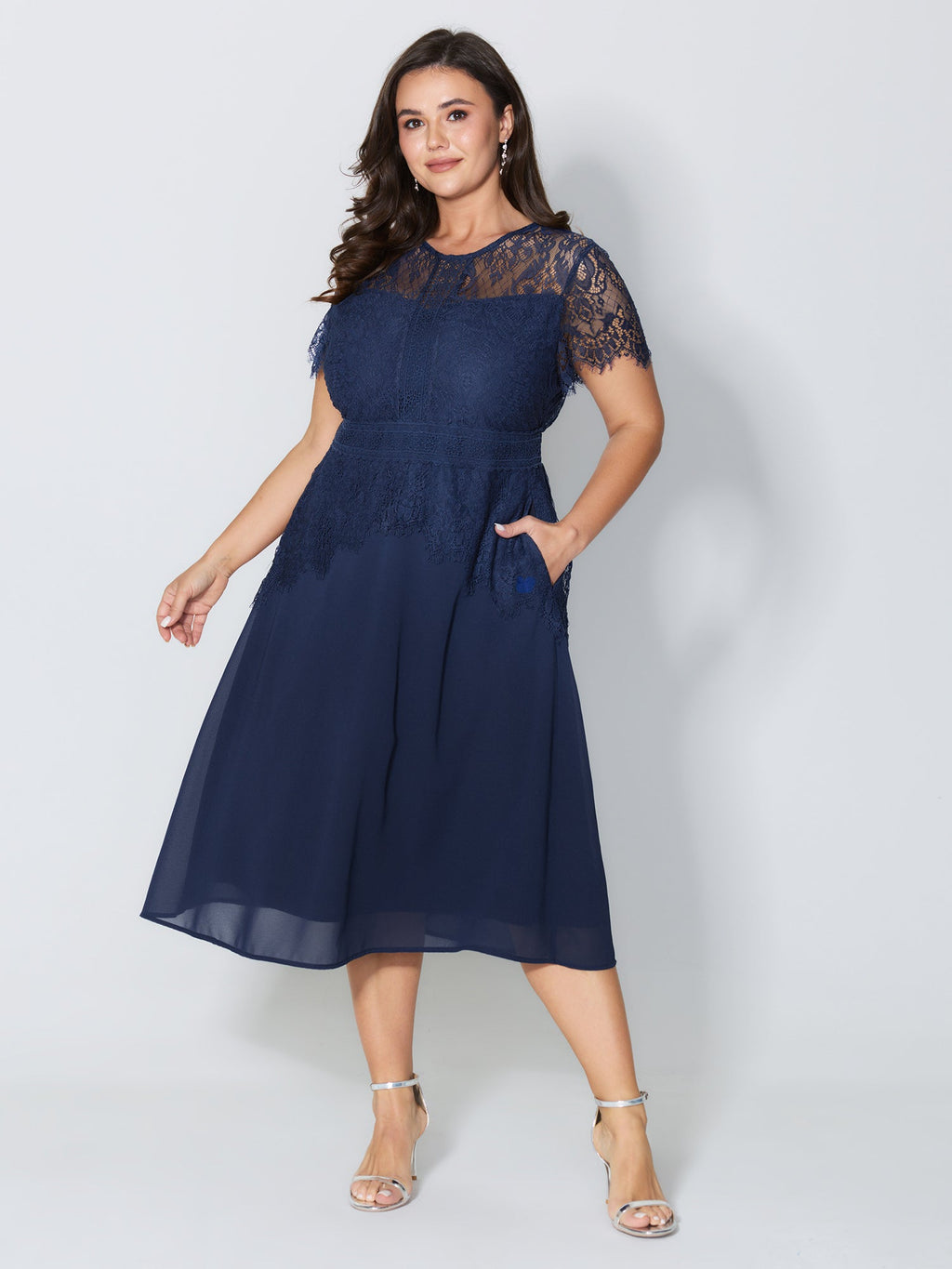 Sheer Lace Neckline Layered Pockets Midi Dress