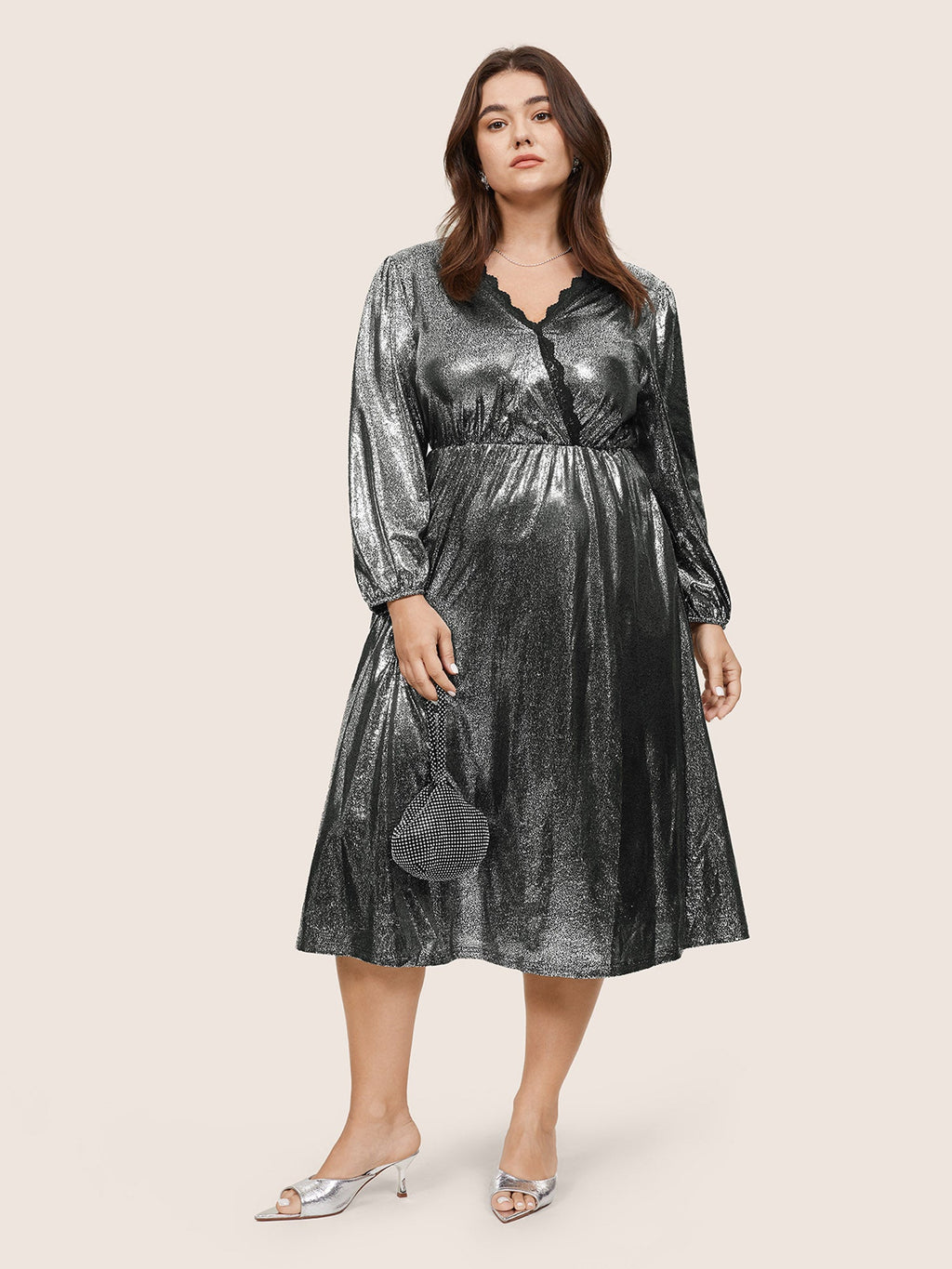 Glitter Contrast Lace Wrap Elastic Waist Dress