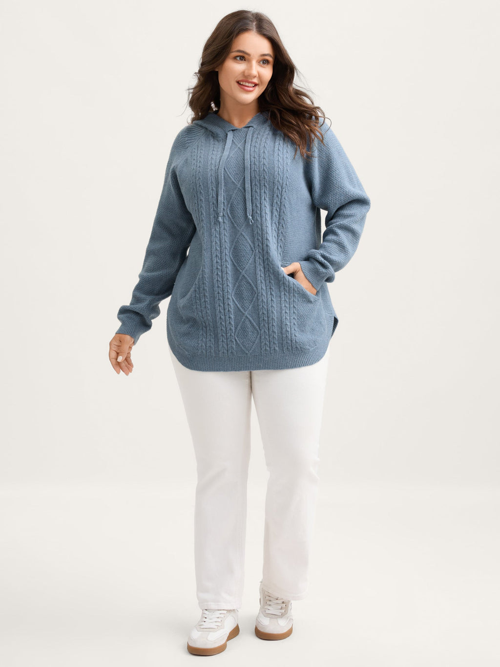 Cable Knit Curvy Hem Hooded Pullover
