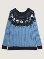 Cable Knit Jacquard Floral Contrast Pullover