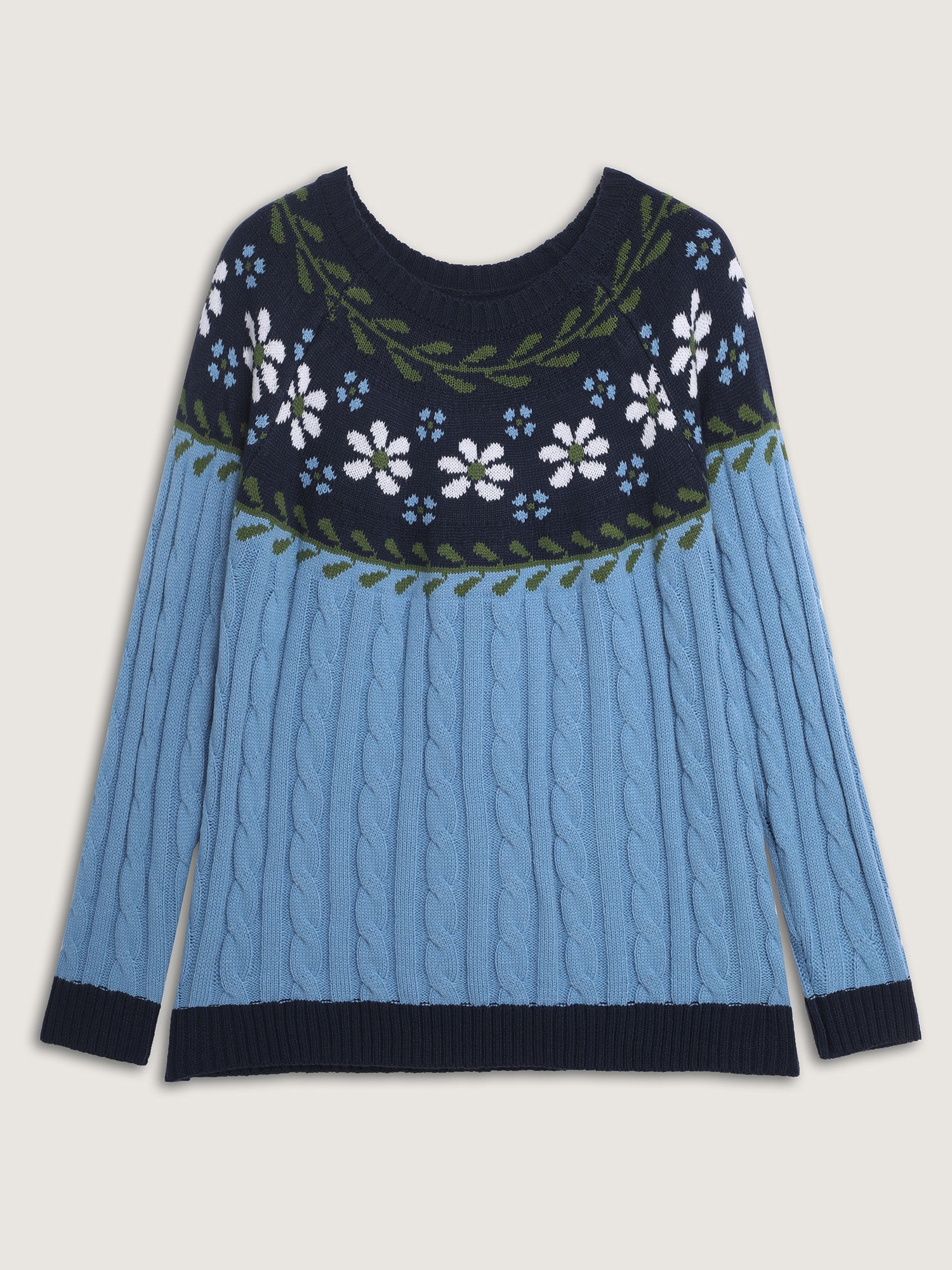 Cable Knit Jacquard Floral Contrast Pullover