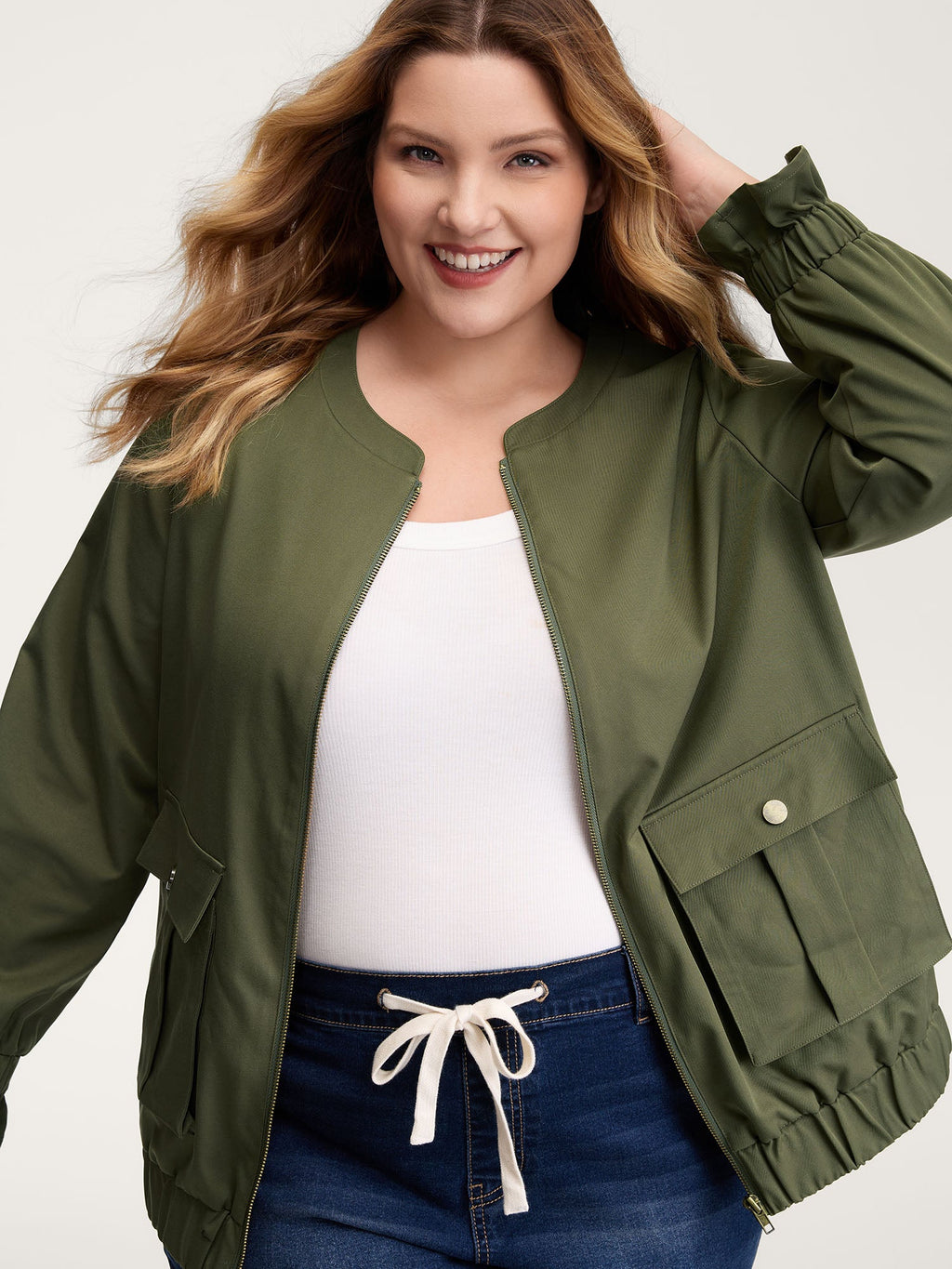 Lined Pockets Shirred Cuffs Zipper Jacket