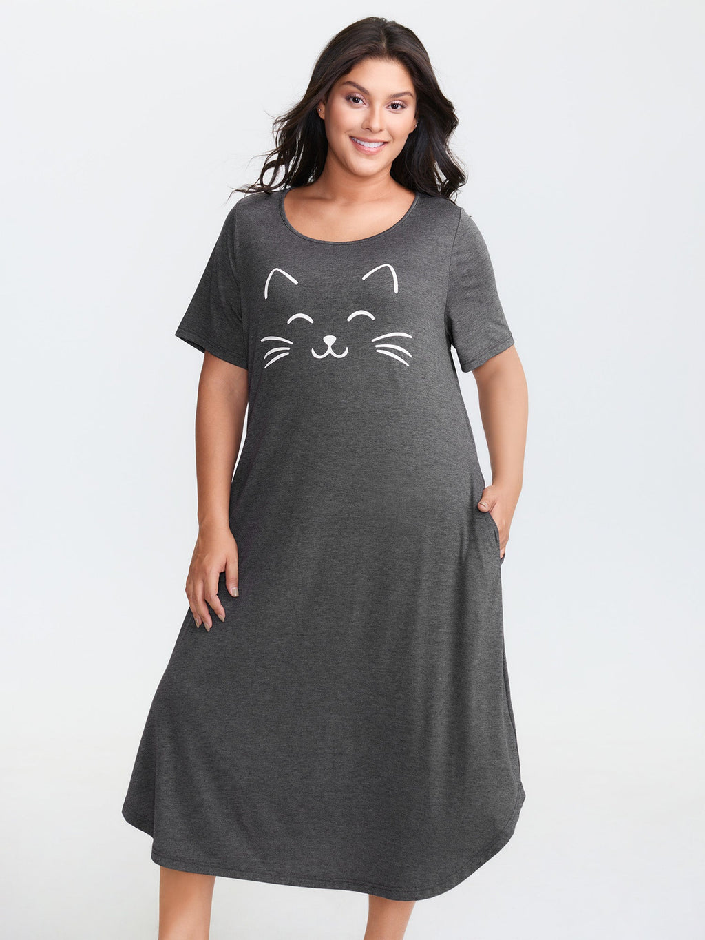 Happy Cat Print Stretchy Contrast Sleep Dress