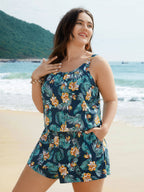 Tropical Flower Print Pockets One-Piece Swimsuit