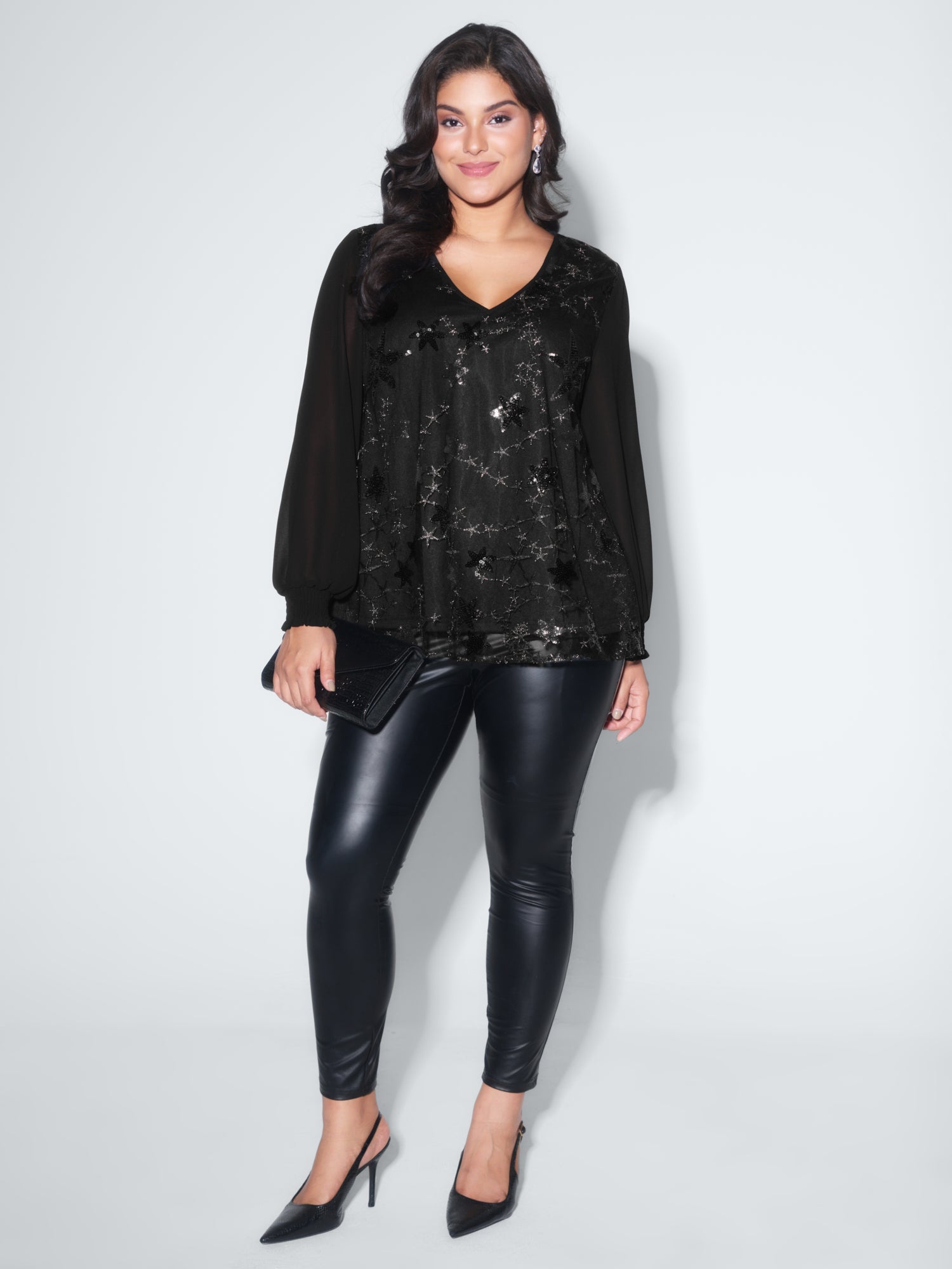 Shimmery Sequin Shirred Cuff Blouse