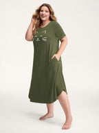 Happy Cat Print Stretchy Contrast Sleep Dress