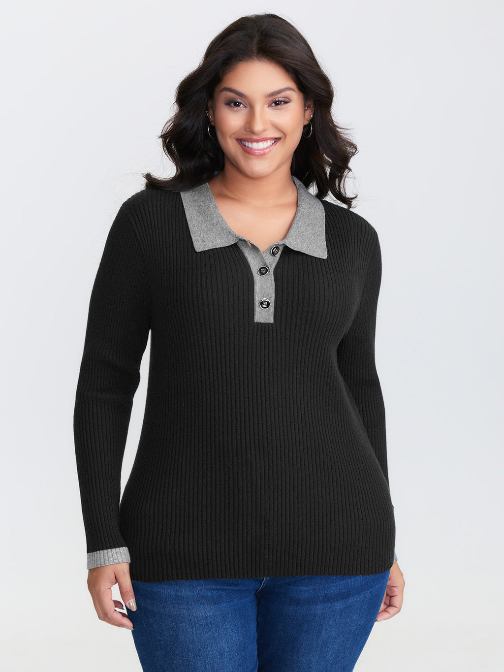 Polo Neck Contrast Metal Buttons Pullover