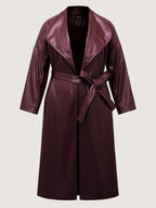 Artificial Leather Belted Waist Long Coat