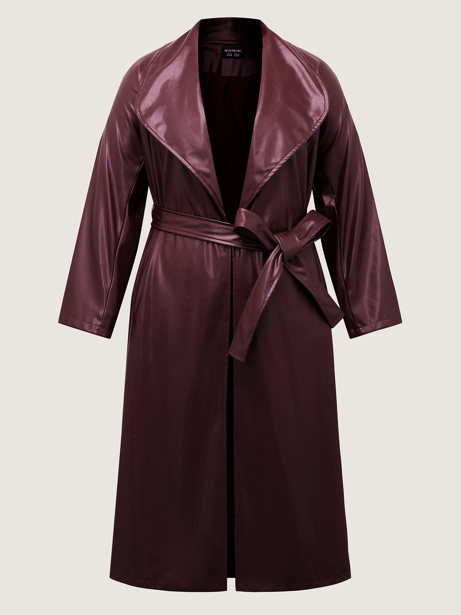 Artificial Leather Belted Waist Long Coat
