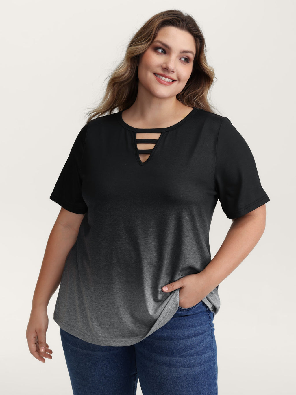 Tie-Dye Blend Neck Cut-Out T-Shirt