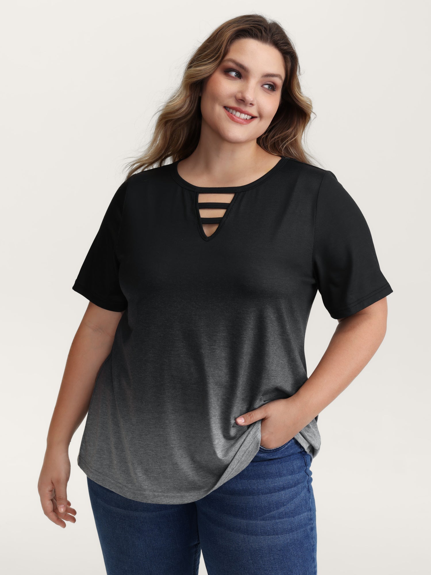 Tie-Dye Blend Neck Cut-Out T-Shirt