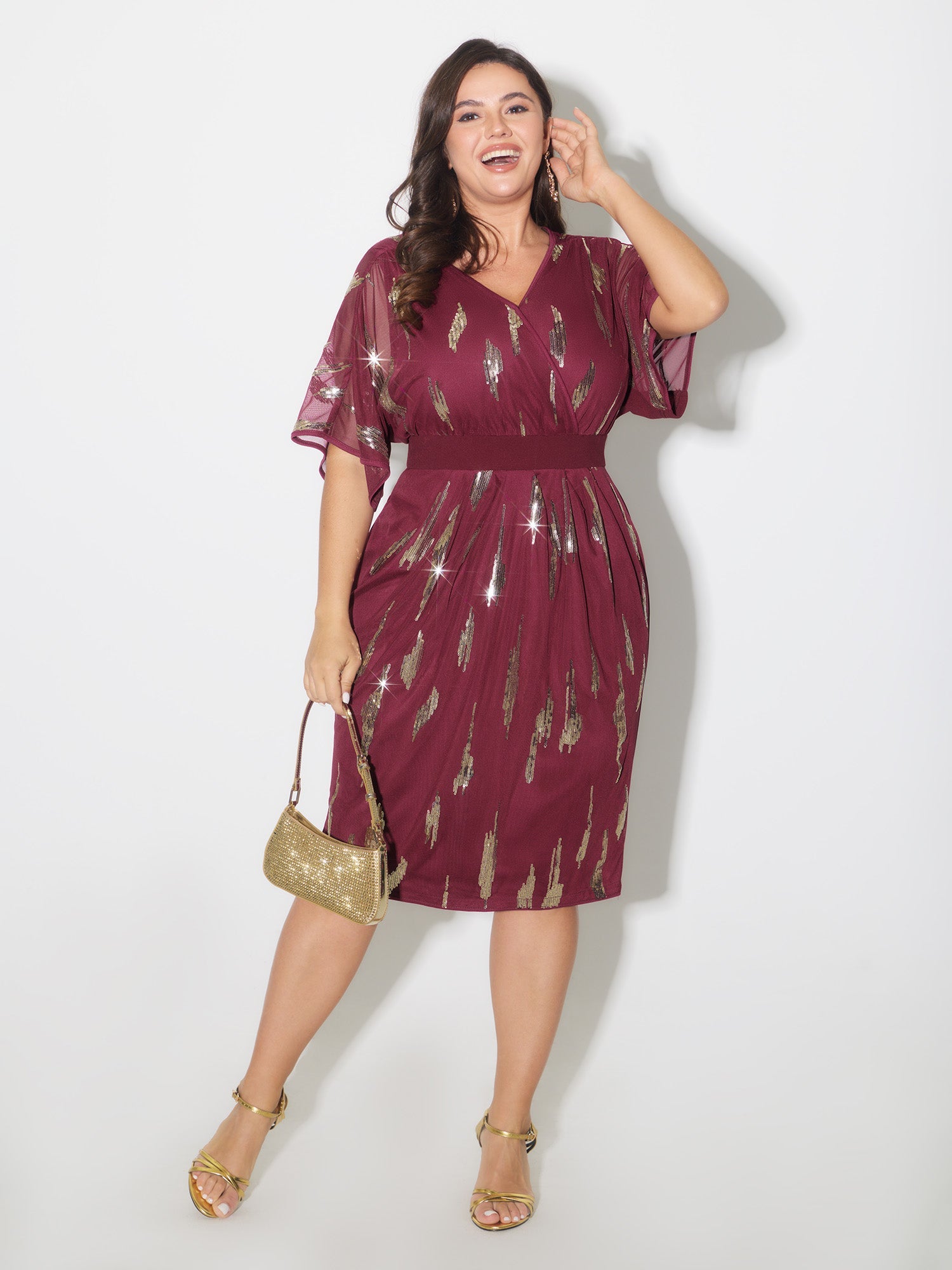 Sequin Embroidery Pleated Waist Midi Dress