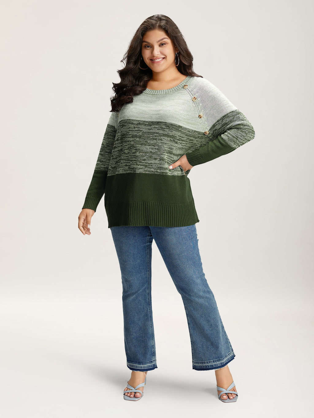 Colorblock Contrast Heather Button Detail Pullover