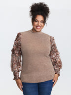 Floral Print Heather Mock Neck Knit Top