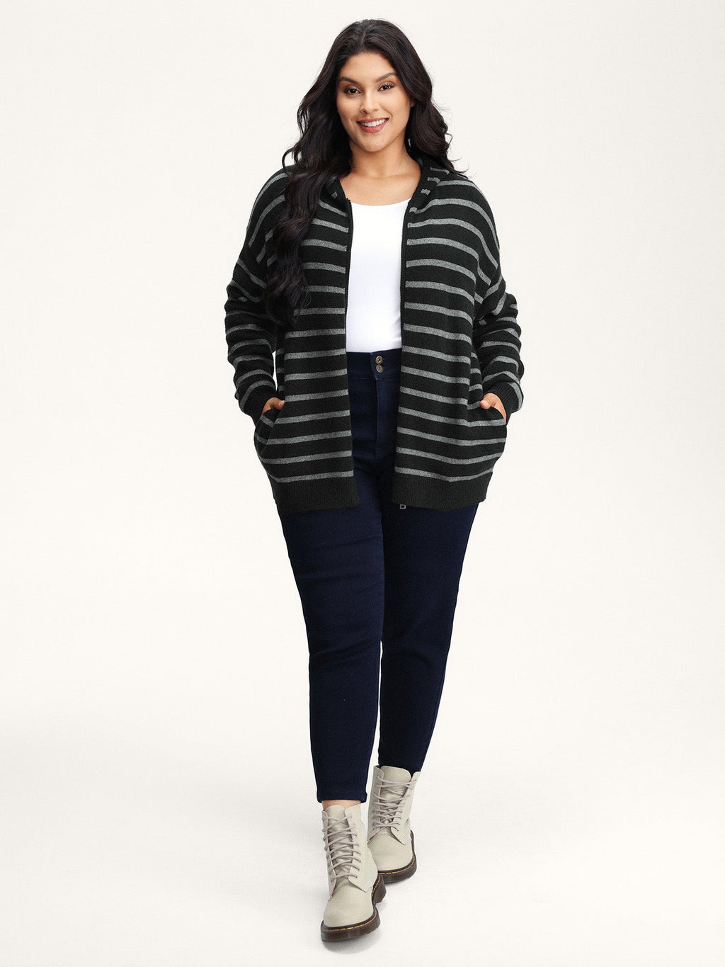 Supersoft Stripe Hooded Zipper Pockets Knit Cardigan