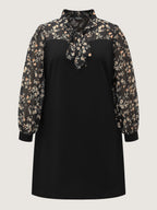 Floral Print Ribbon Neck-Tie Knee Dress