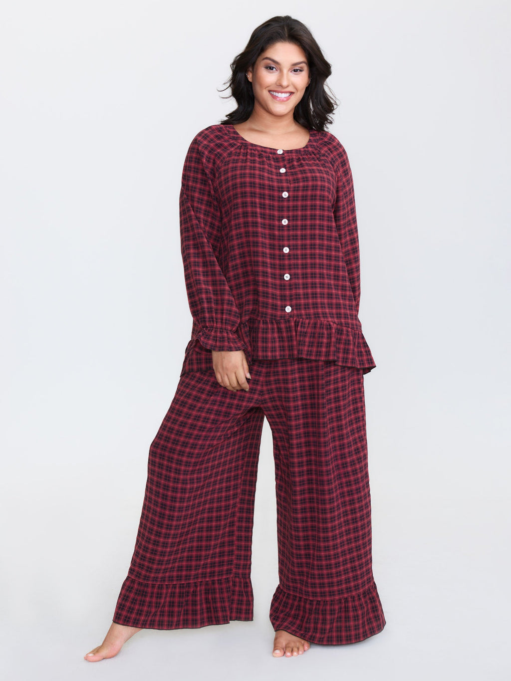 Gingham Ruffled Hem Loungewear Set