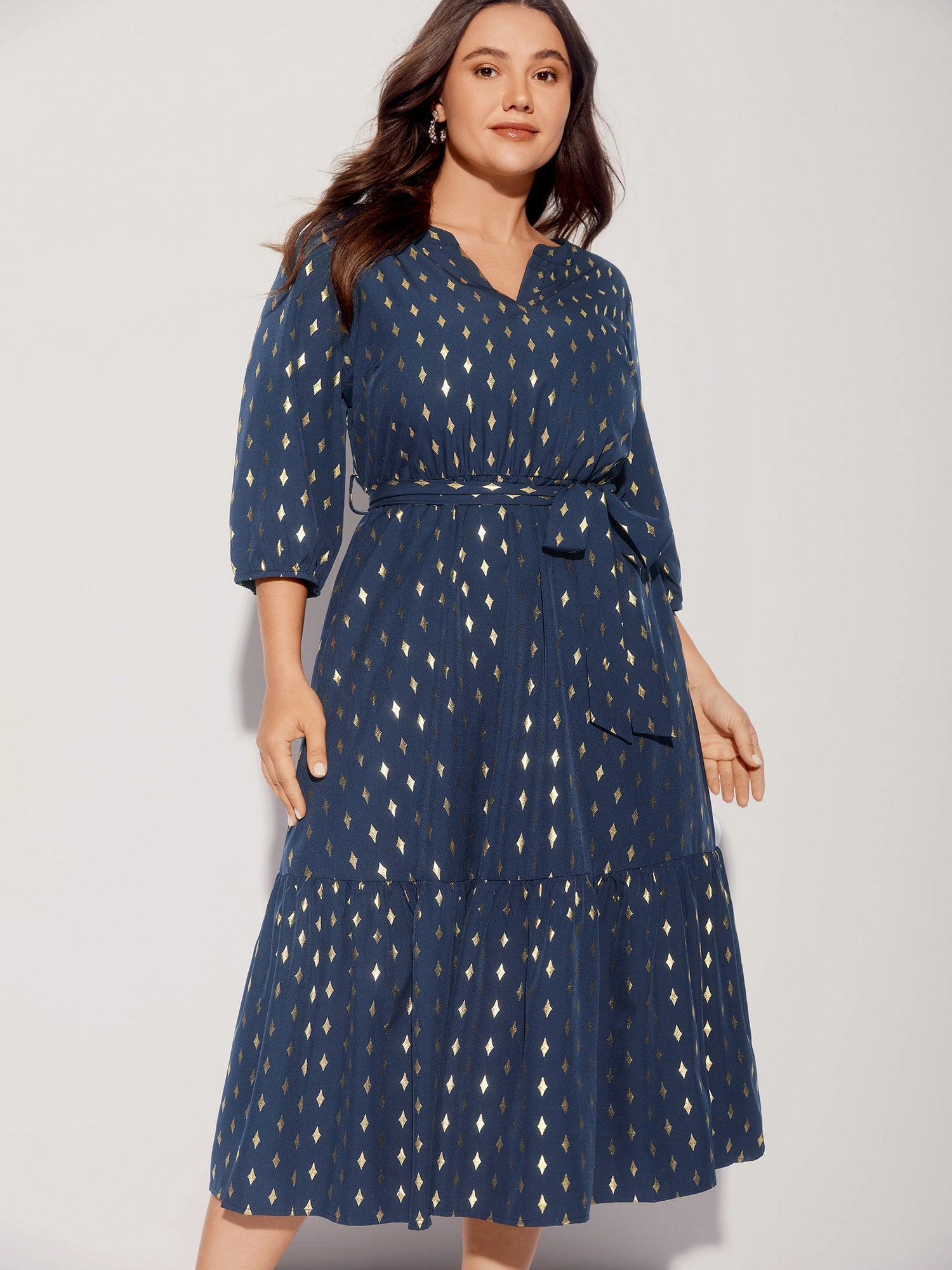 Glitter Notched Lantern Sleeve Midi Dress