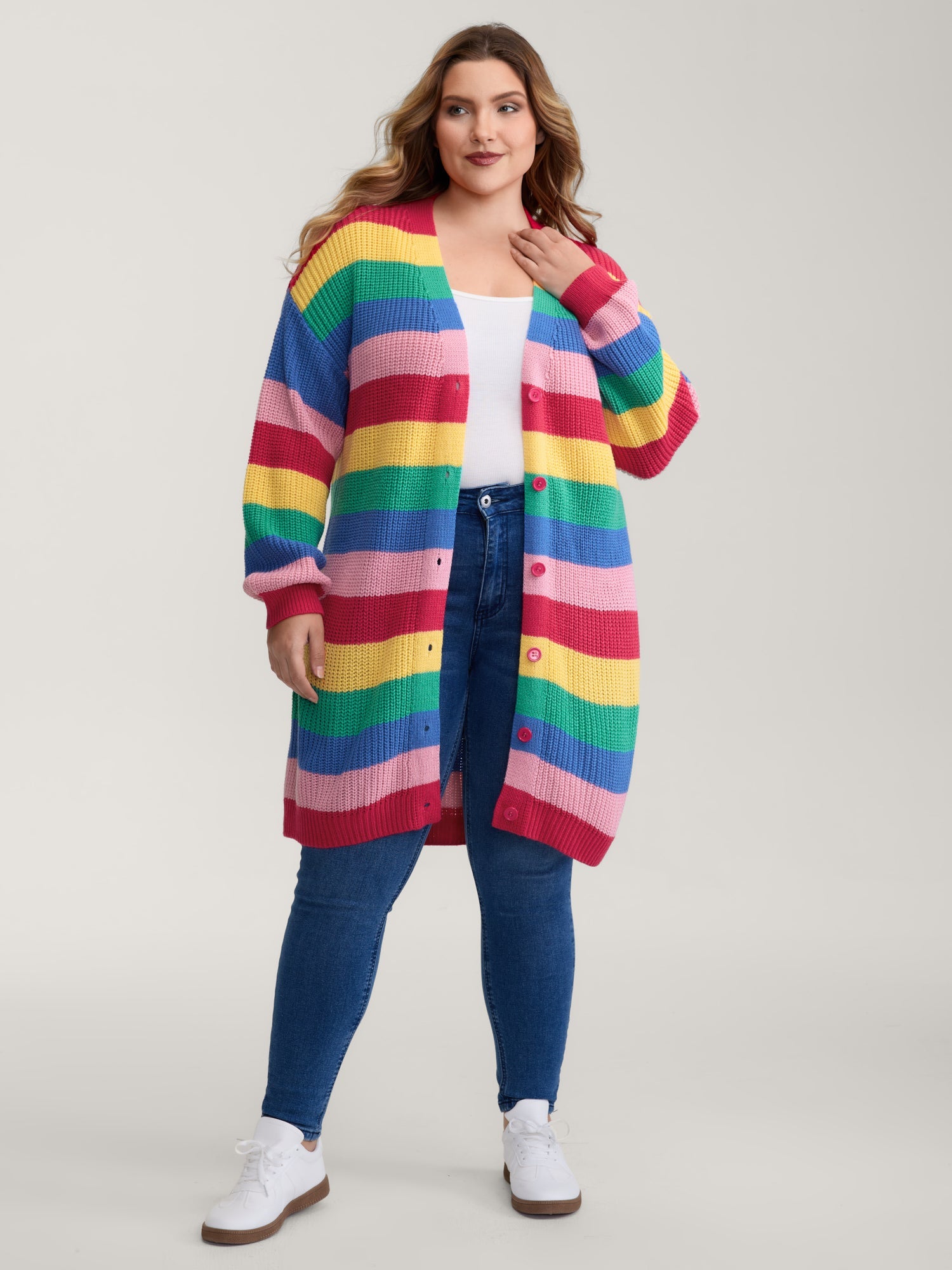Colorblock Contrast Texture Button Cardigan