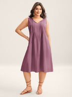 Cotton Toothpick Pleat Plain Midi Dress
