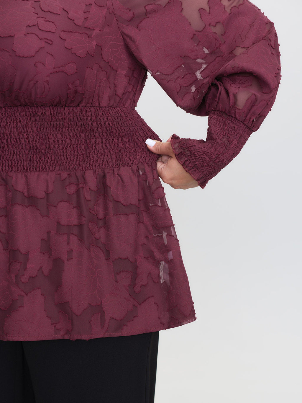 Laser Cut Shirred Waist Button Blouse