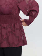 Laser Cut Shirred Waist Button Blouse