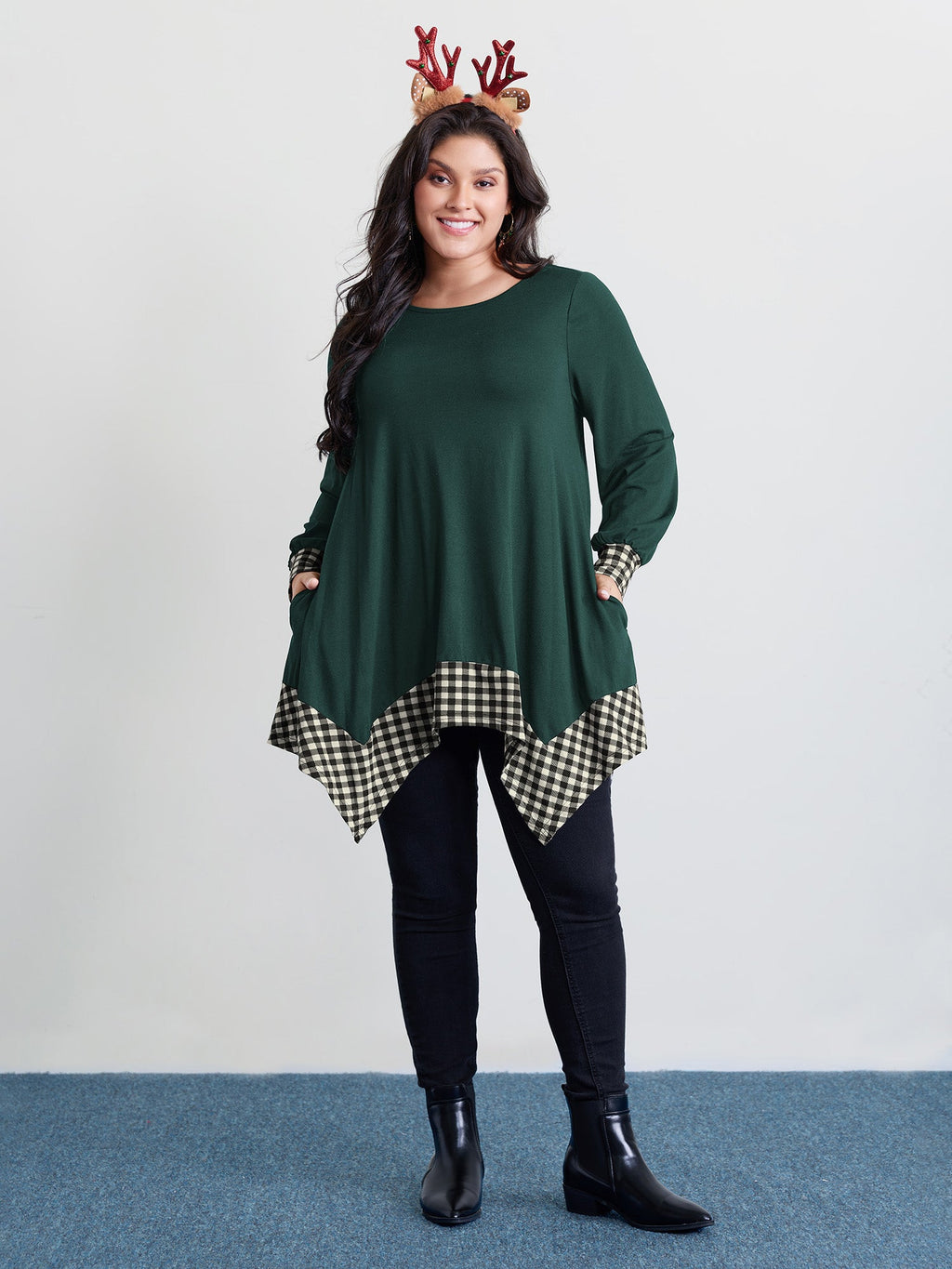 Supersoft Stretchy Checkered Asymmetrical Hem T-Shirt