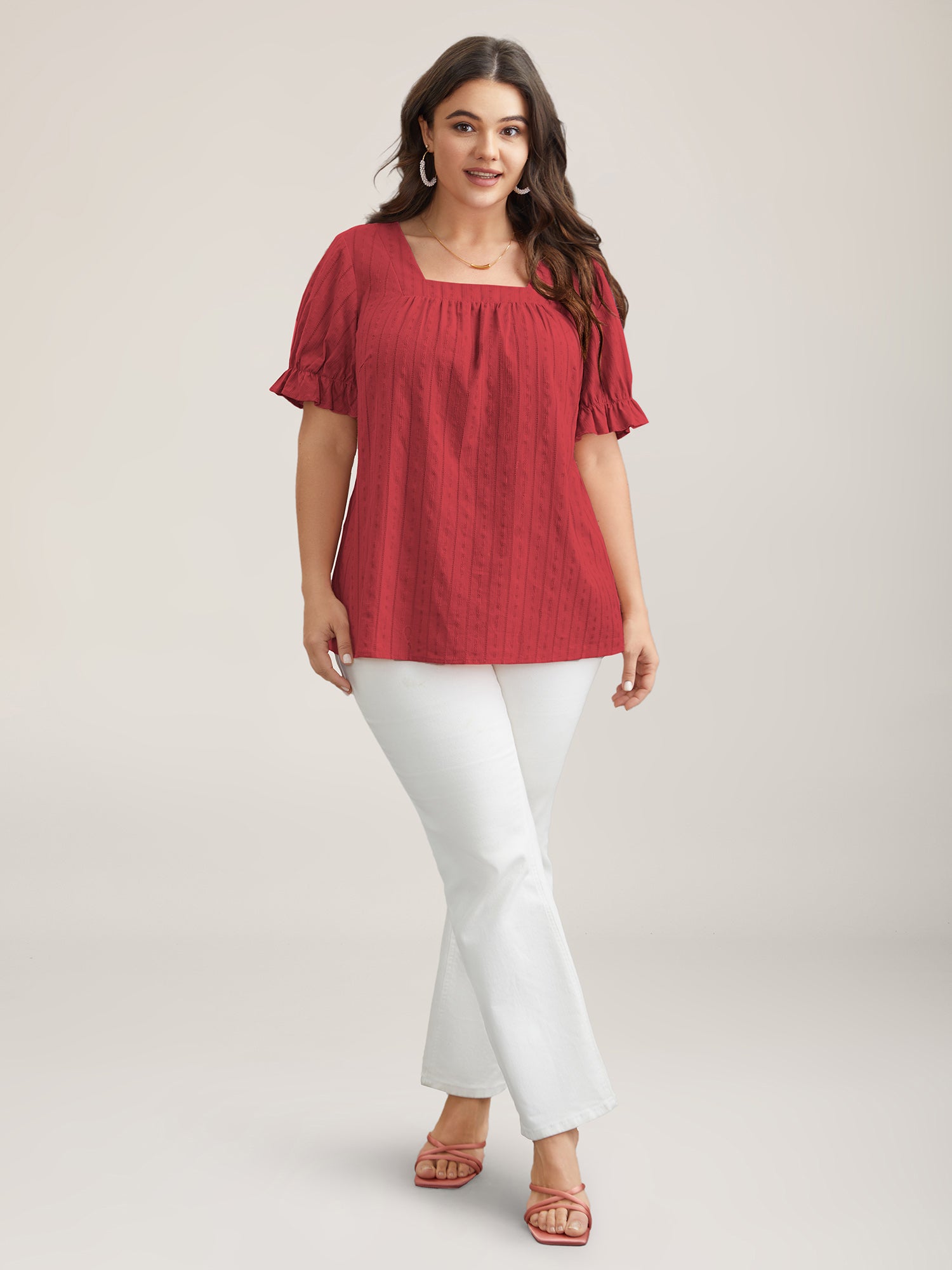 Cotton Square Neck Ruffled Sleeve Shirt