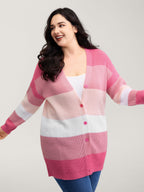 Colorblock Contrast Texture Button Cardigan