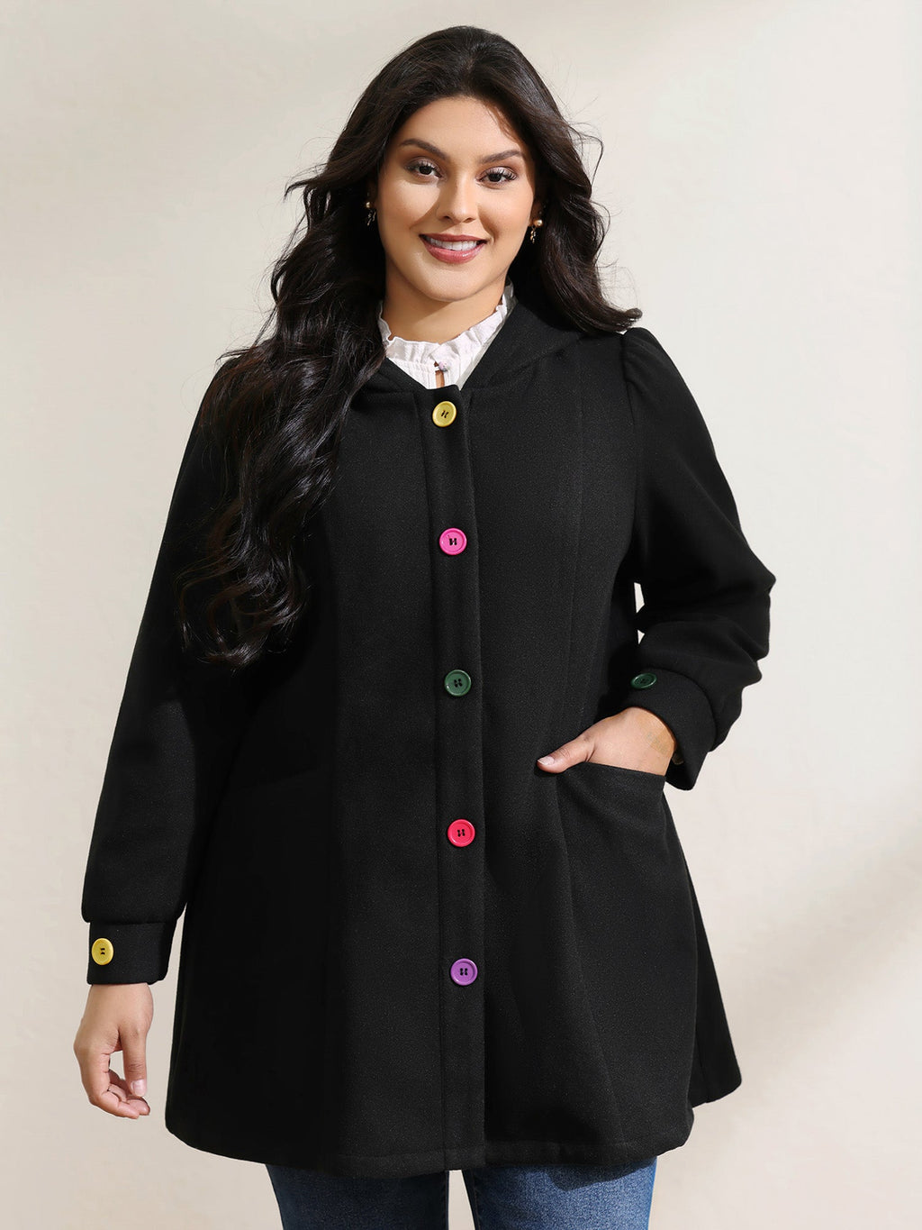 Colorful Buttons Hooded Pocket Coat