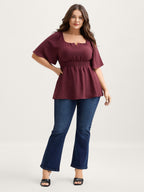Stretchy Neckline Waist-Cinched Solid Blouse