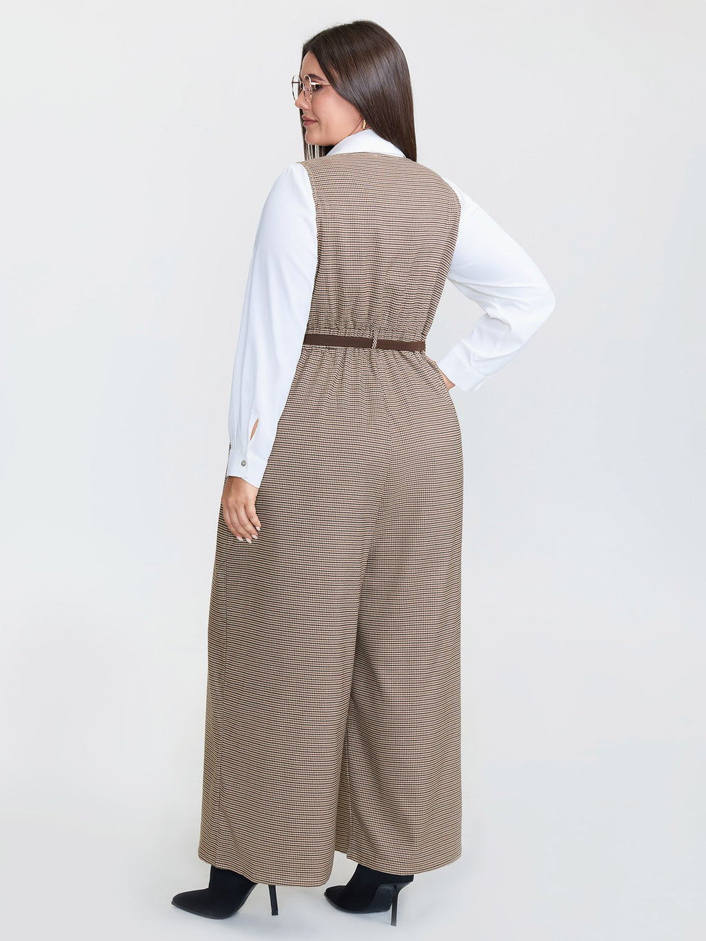 Houndstooth Button Sleeveless Jumpsuit