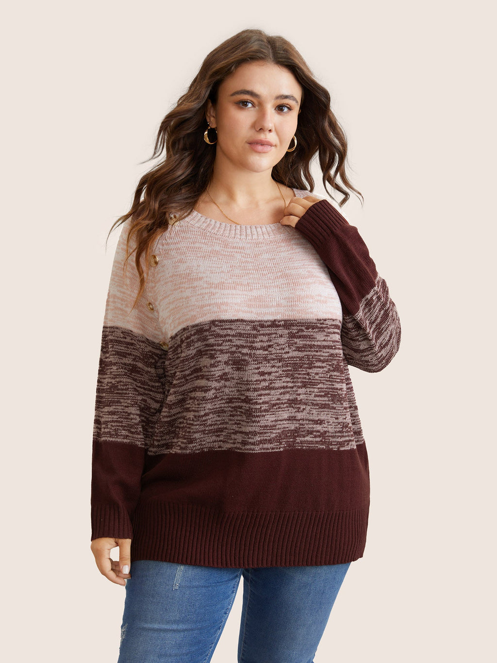 Colorblock Contrast Heather Button Detail Pullover