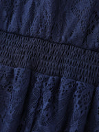 Sheer Lace Neckline Layered Pockets Midi Dress