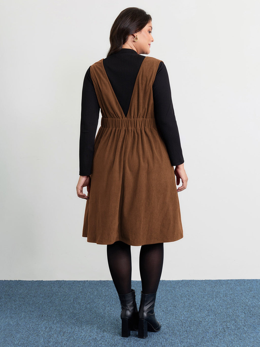 Corduroy Stretchy Waist V-Neck Midi Dress