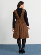 Corduroy Stretchy Waist V-Neck Midi Dress