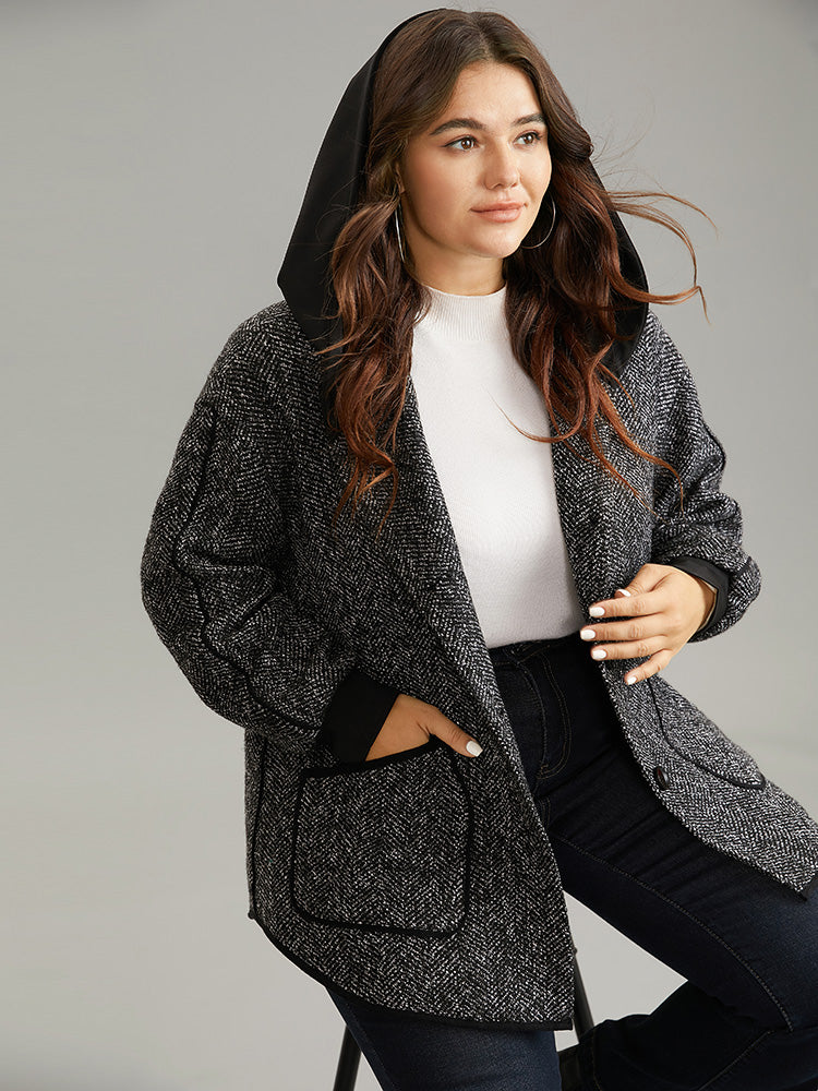 Tweed Pocket Button Through Hooded Coat