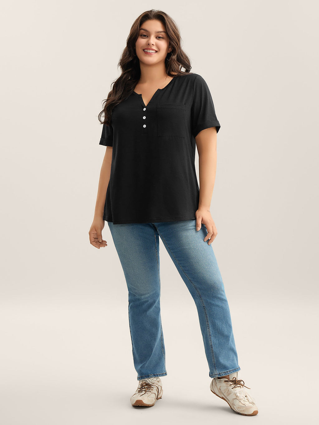 Solid Split Neck Button Detail T-Shirt