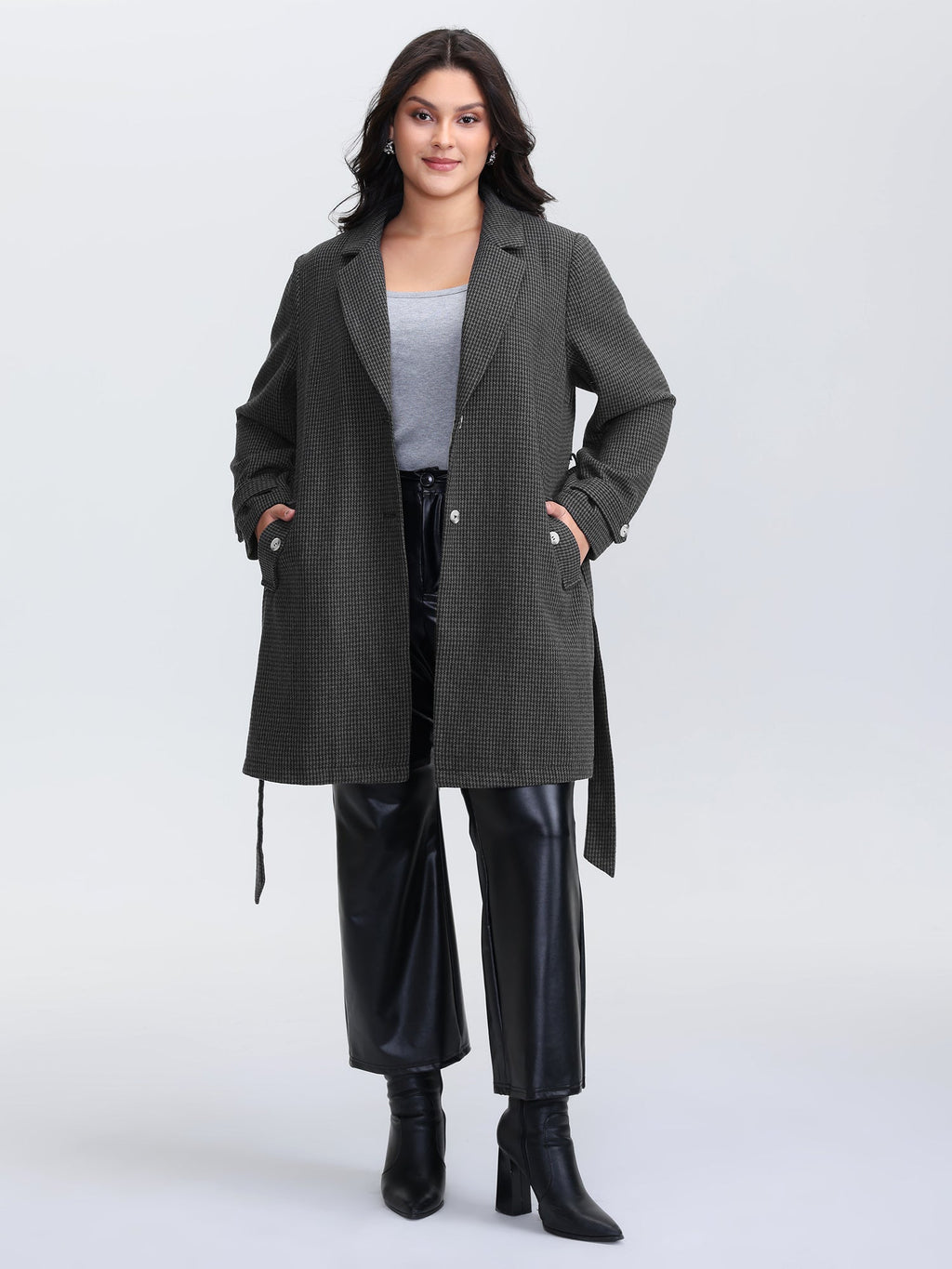 Houndstooth Button Detail Belted Coat