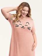 Happy Cat Print Stretchy Contrast Sleep Dress
