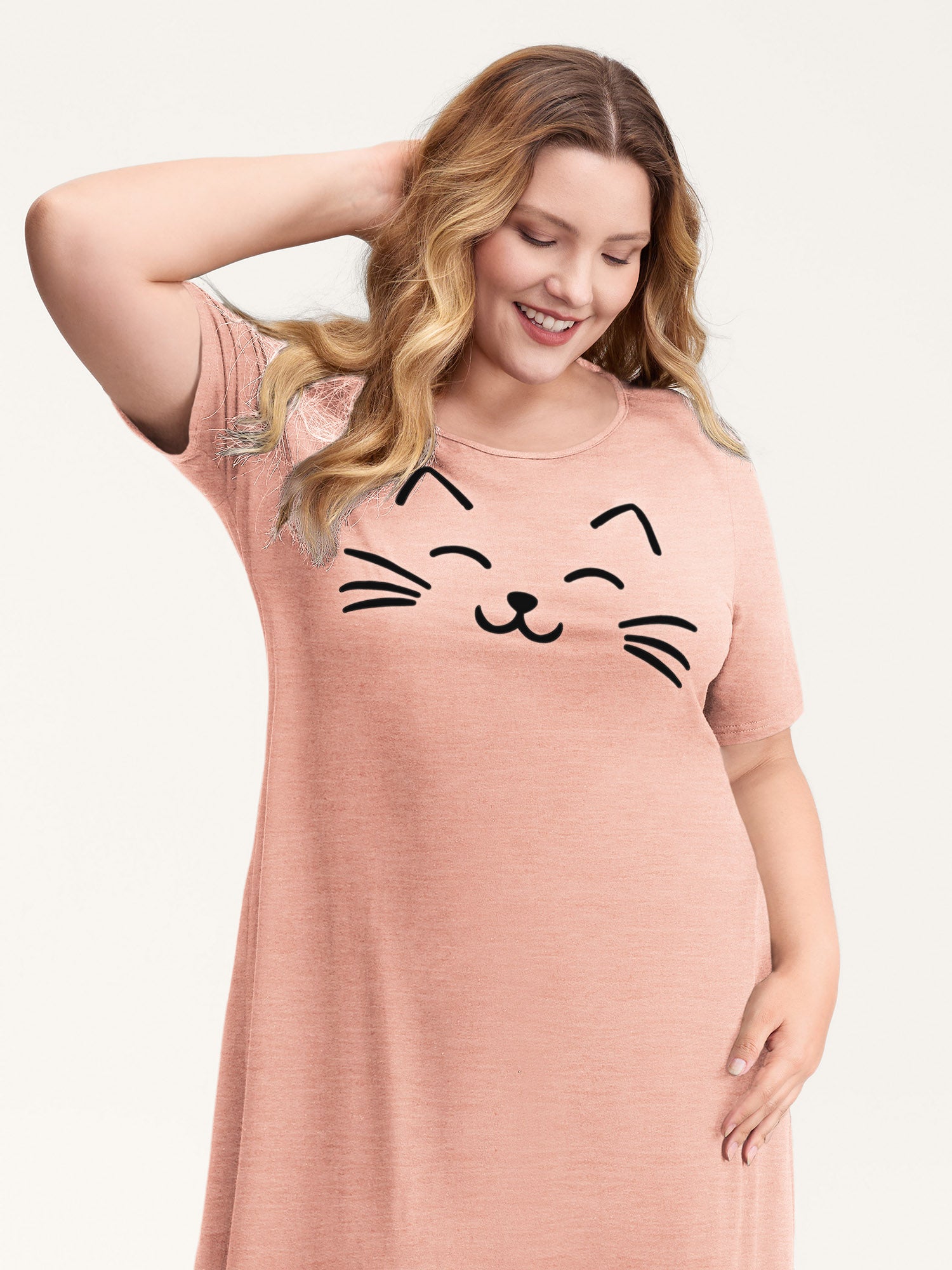 Happy Cat Print Stretchy Contrast Sleep Dress