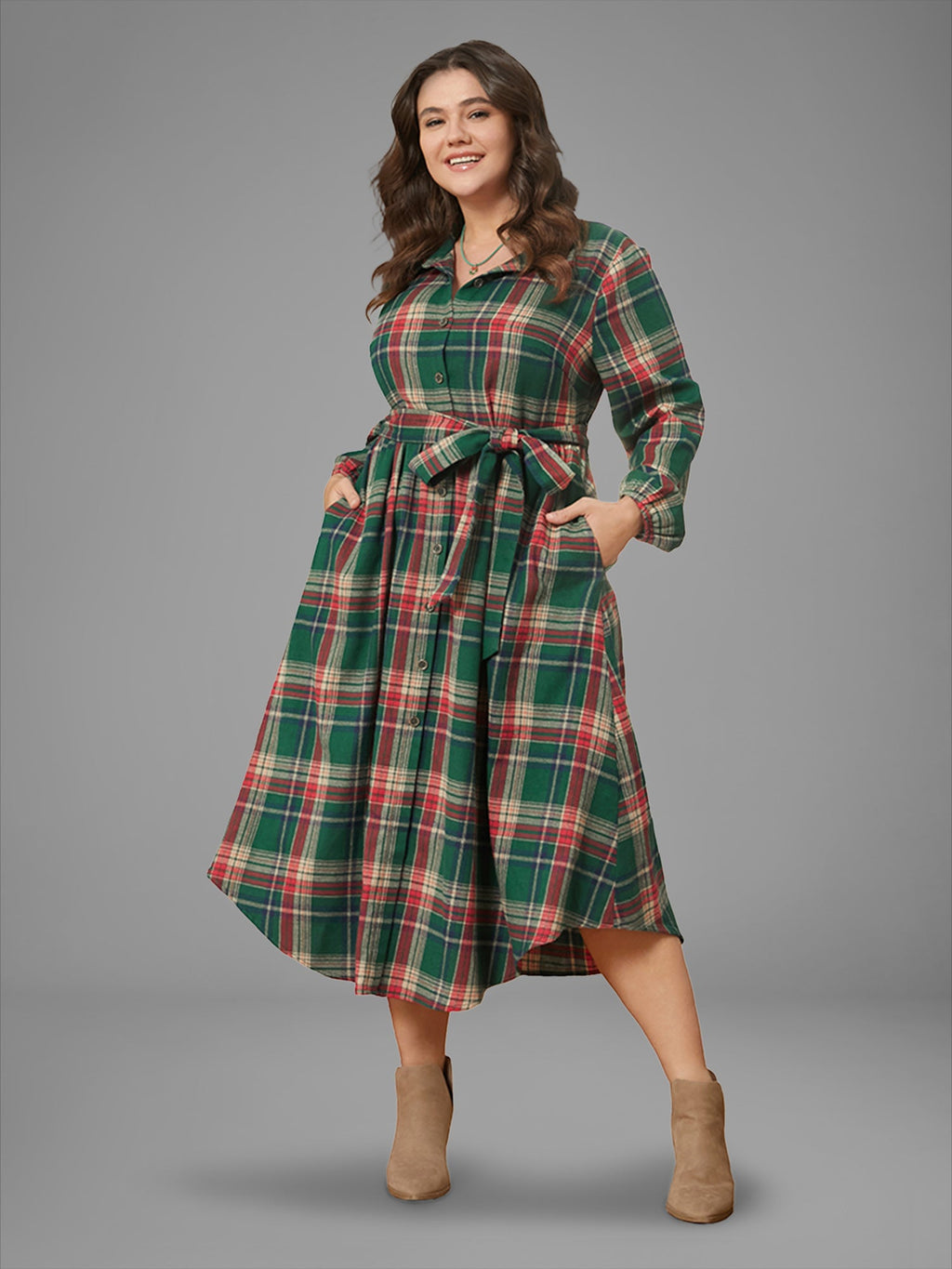 Plaid Button Detail Pocket Belted Arc Hem Dress