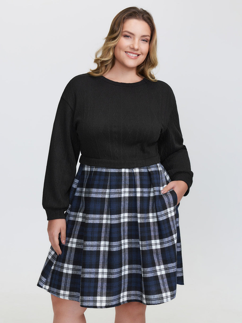 Layered Plaid Pockets Midi Dress