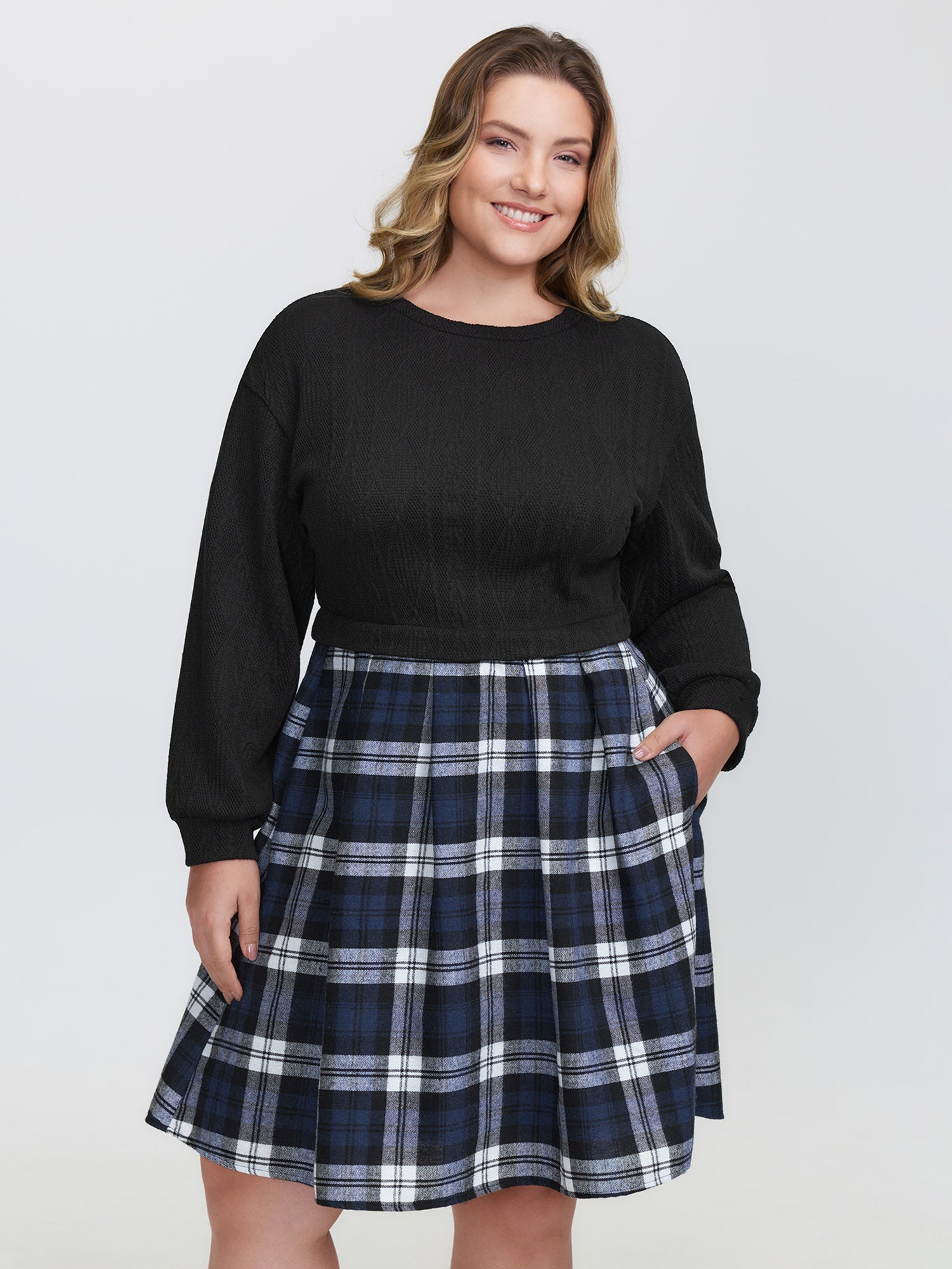 Layered Plaid Pockets Midi Dress