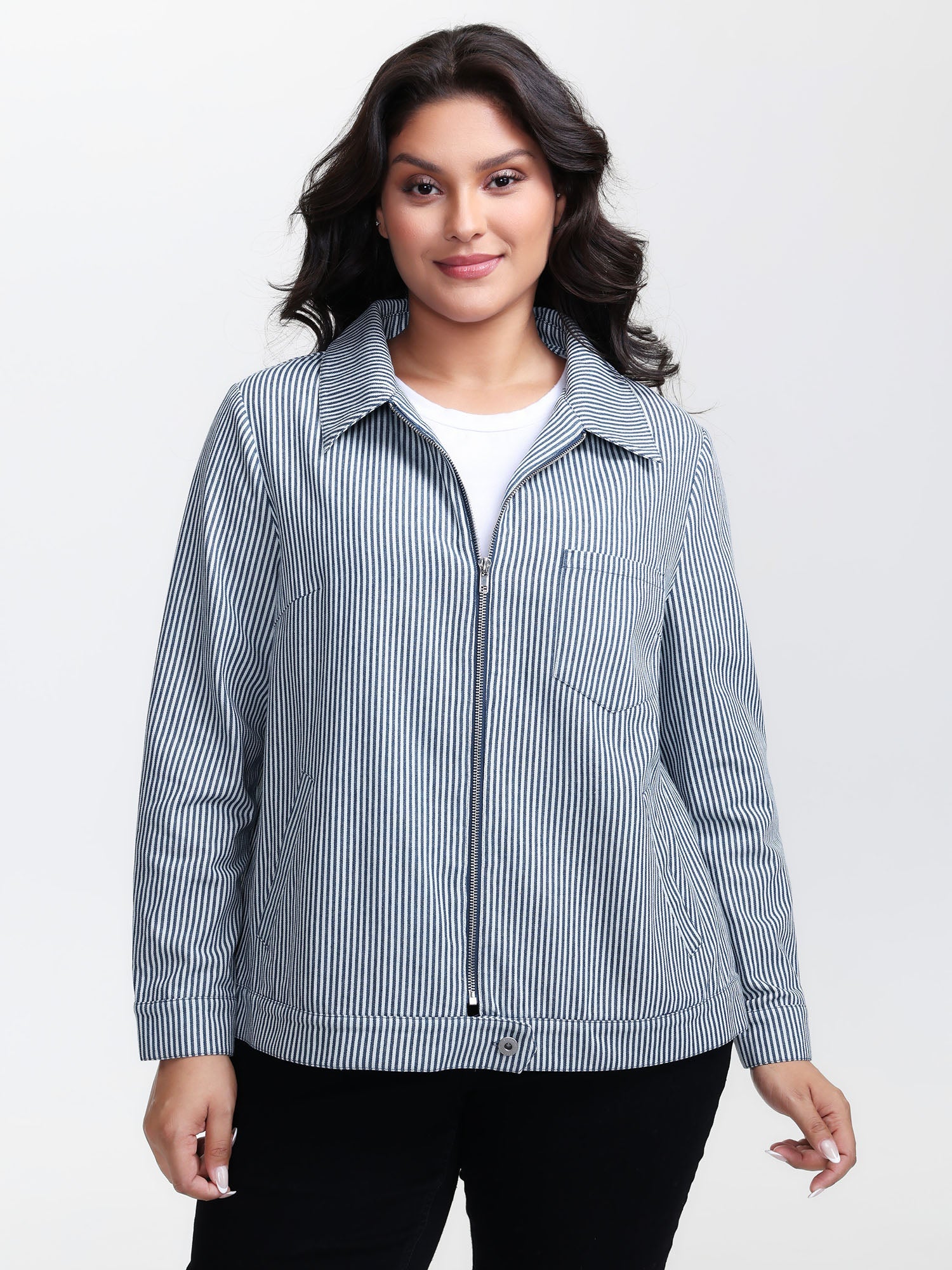 Denim Stripe Zipper-Front Jacket