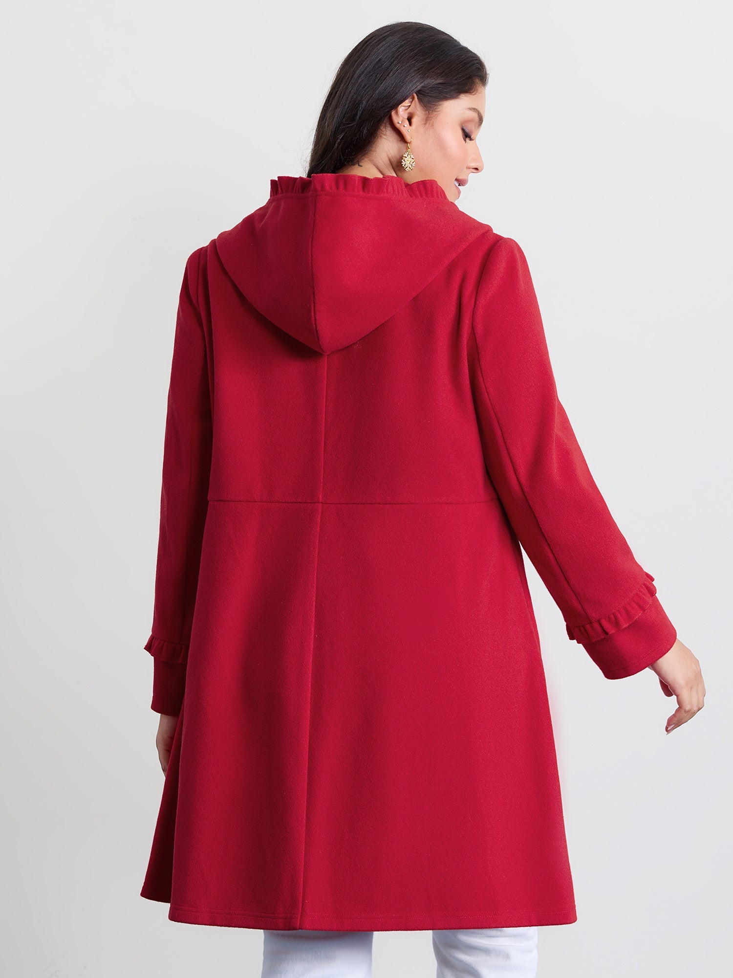 Ruffle Trim Waist-Defining Pockets Coat