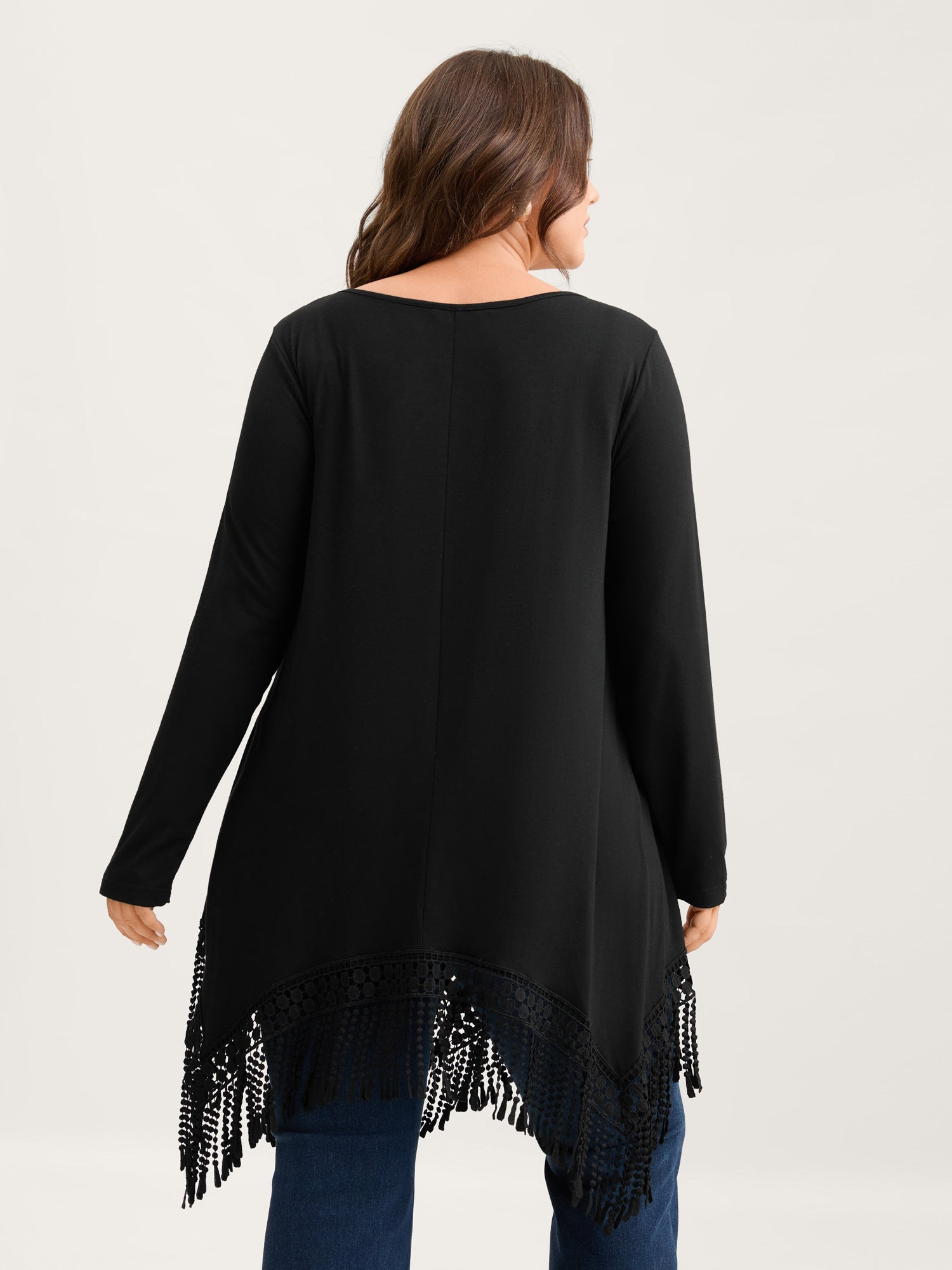 Solid Tassels Trim Pocket Asymmetrical Hem T-shirt